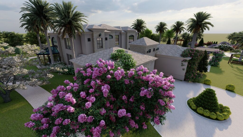 Brick-edged flower beds and gravel paths at Farmhouse 2 landscape design