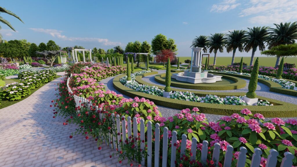 Old-world charm in garden design with flowering vines and cottage-style structures