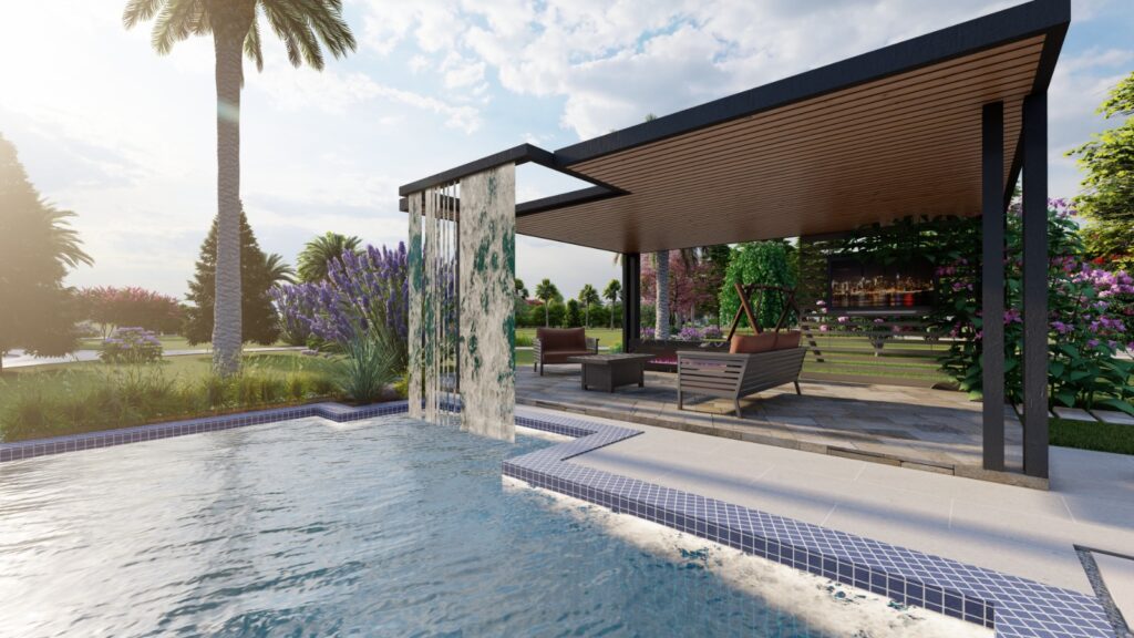 Wide-angle view of English garden landscaping at 40 Kanal rural property