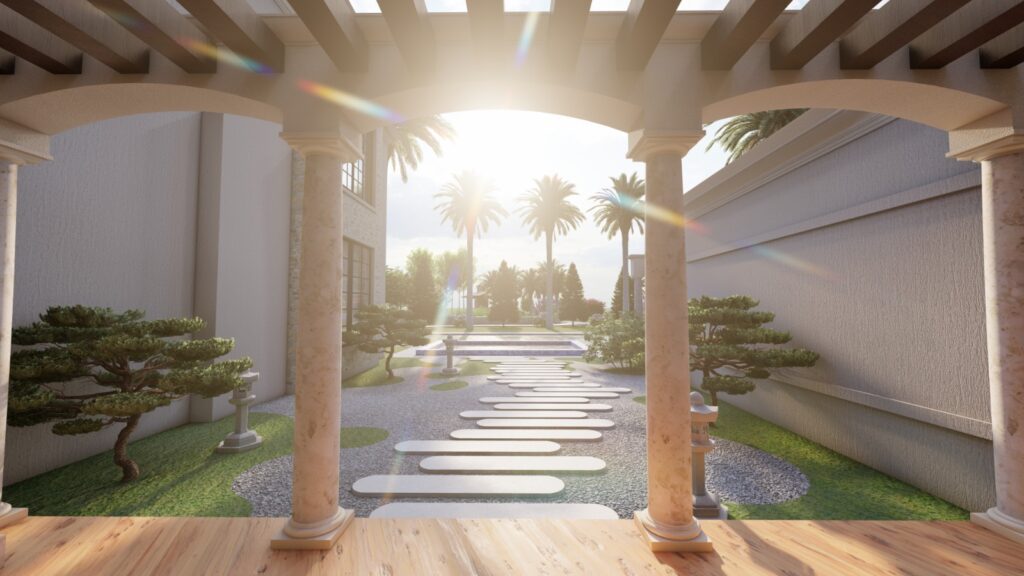 Rustic wooden elements and colorful borders in English cottage garden setting