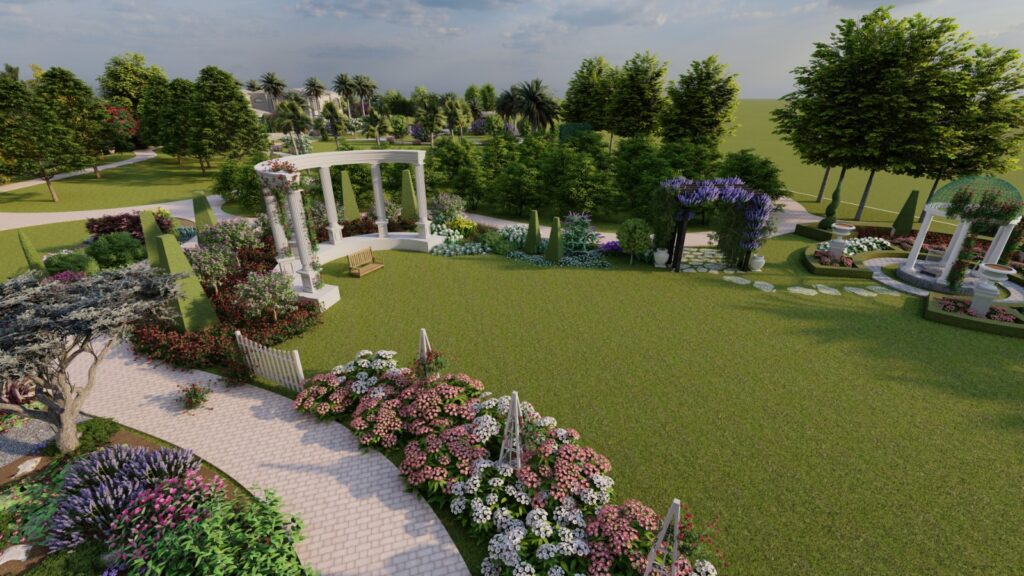 English cottage garden design at 40 Kanal farmhouse with lush greenery and flower beds