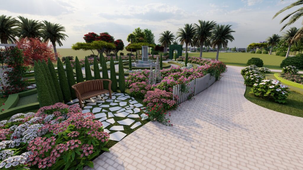 Naturalistic garden layout with mix of perennials and shrubs in English cottage theme