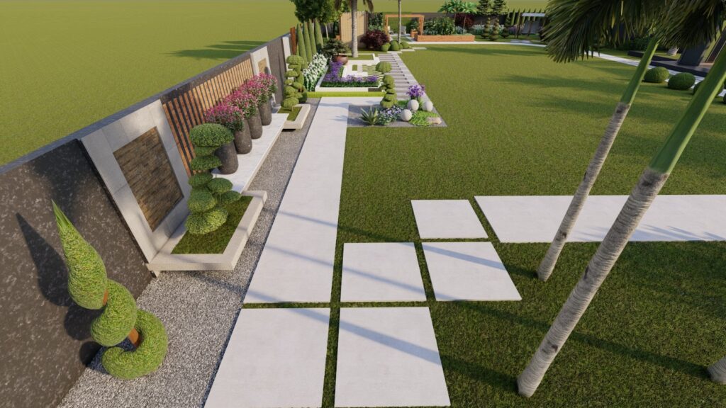 Modern patio and outdoor seating integration at Globe Estate landscaping