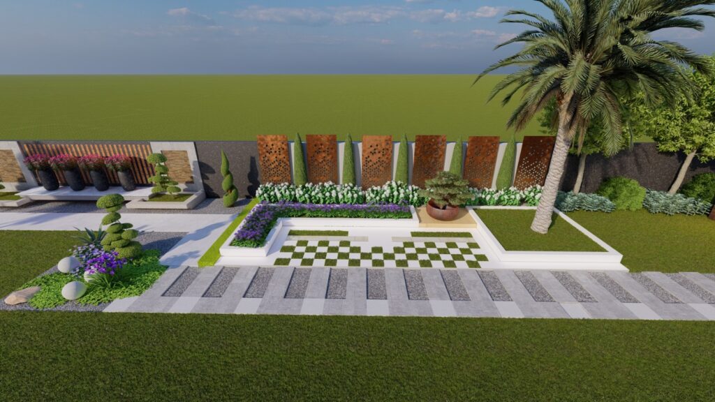 Residential landscaping with modern textures and green space at Globe Estate