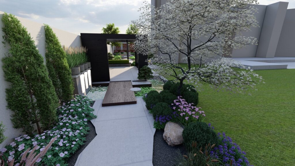 Evening view of well-lit modern landscape at Mr. Jawad’s residence