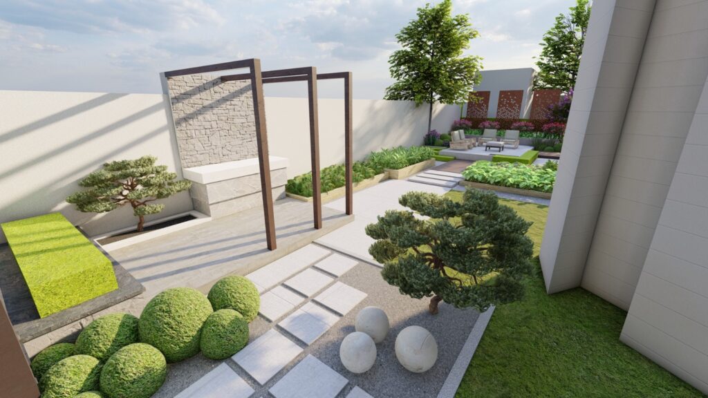 Lawn and paved design in modern residential landscape – Lahore