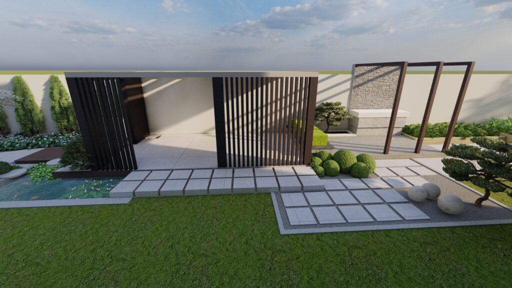 Symmetrical garden elements in Mr. Jawad’s modern home landscape