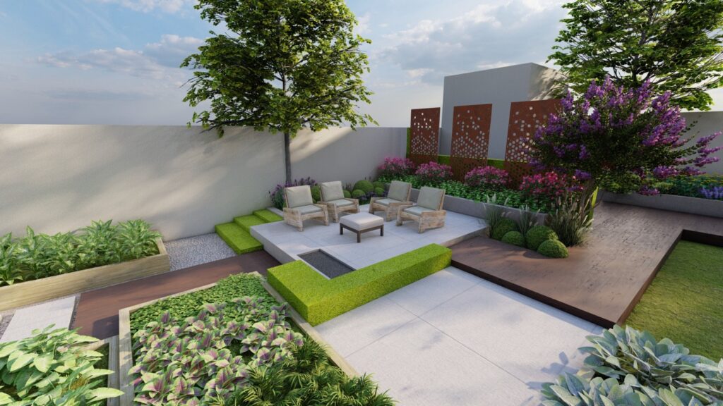Modern landscape architecture with custom planters – Lahore residential