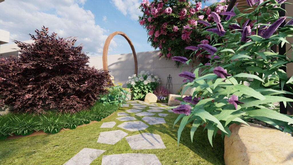 Personalized English cottage landscape in front yard of Mr. Hassan’s ISB home