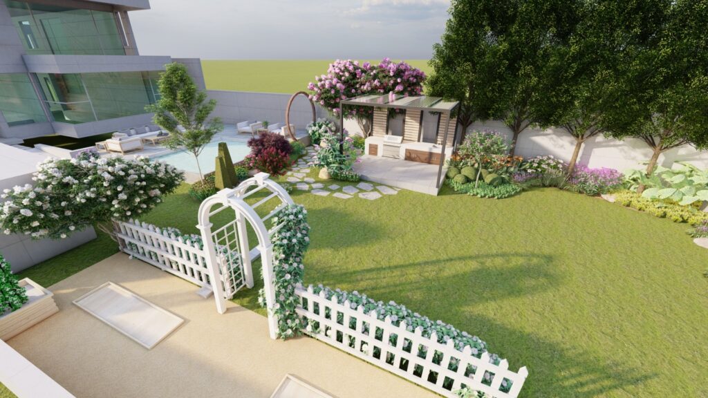 Cottage-style landscaping with floral borders for Mr. Hassan in Islamabad