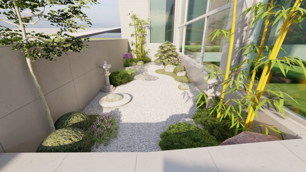 Garden layout with stone edging and lush greenery at Mr. Hassan’s residence