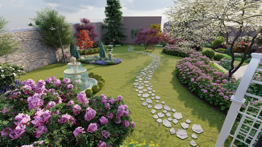 Front yard landscaping in Sher Bagla Murree featuring a traditional English cottage garden style