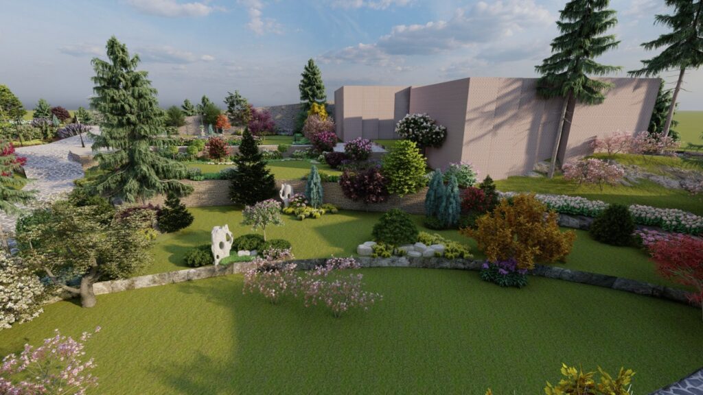 Lush flower borders and curved pathways in English cottage garden at Sher Bagla Murree