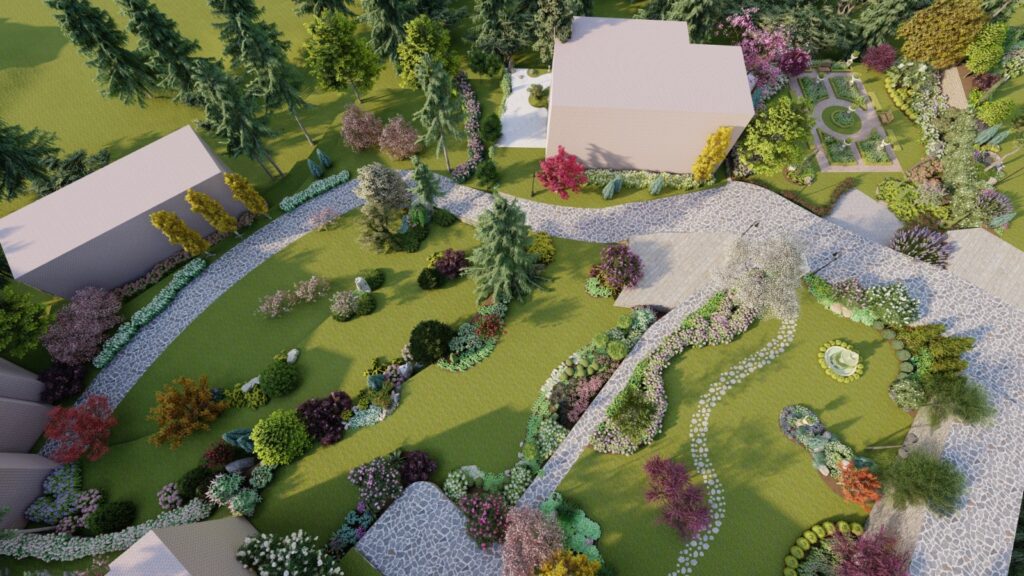 English cottage garden landscape at Sher Bagla Murree with layered flower beds and natural stone paths