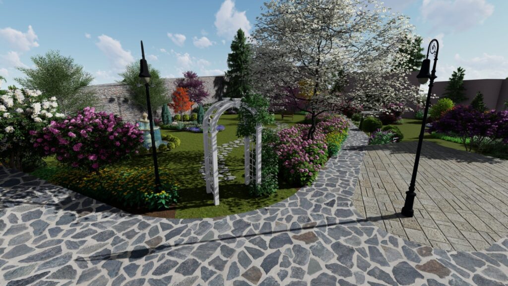 Rustic garden seating area in Sher Bagla Murree surrounded by English cottage plantings